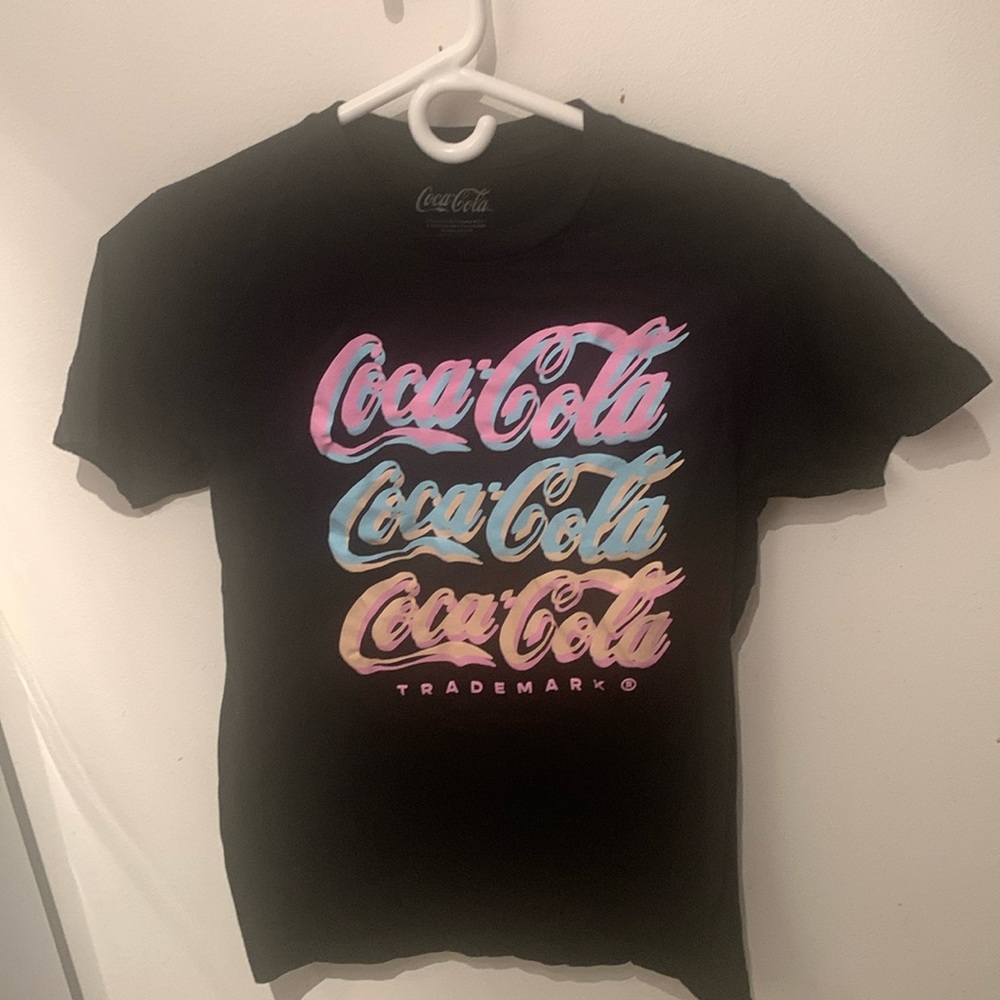 Awesome Official Coca Cola Black Tshirt with neon blue pink and orange logo SZ S